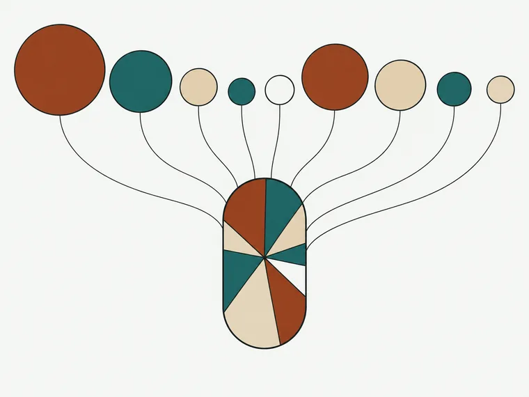 Diagram: nine actives divided inside one capsule against the much larger studied amounts