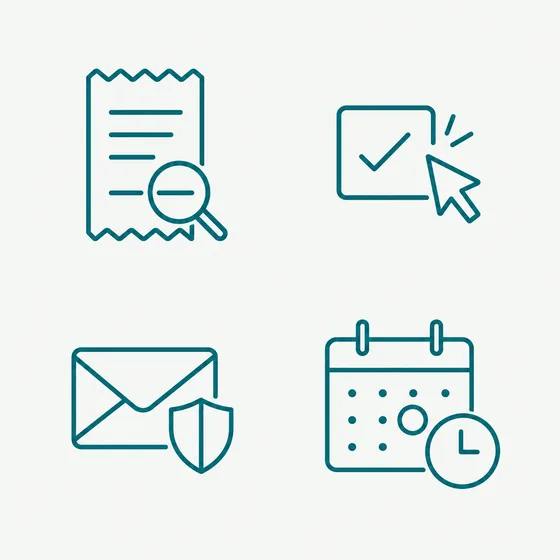 Four icons: check the total, untick extras, keep the confirmation email, count the 30 days