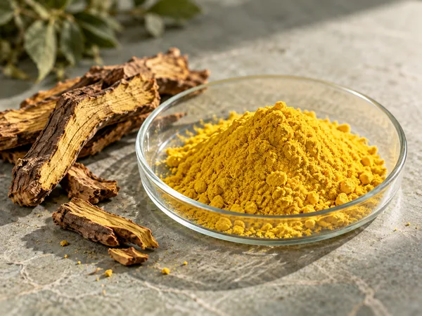Berberine: bright yellow powder in a glass dish beside dried root bark