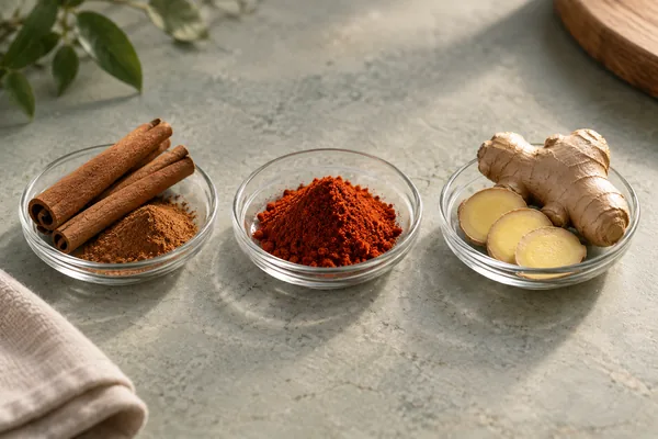 Cinnamon sticks and ground cinnamon, cayenne powder and ginger root in glass dishes