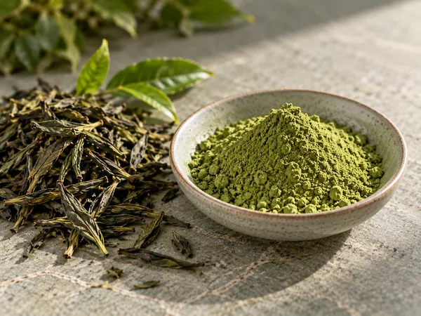 Dried green tea leaves beside extract powder