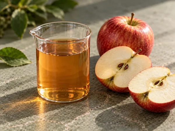 Apple cider vinegar in a beaker beside halved apples