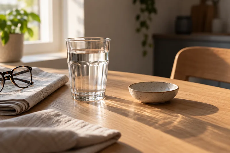 A glass of water and a small dish on a wooden table in side light